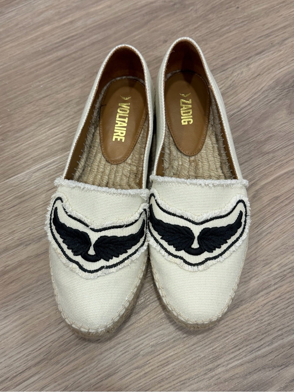 Zadig & Voltaire Cream Espadrille Loafers with Black Wing Motif